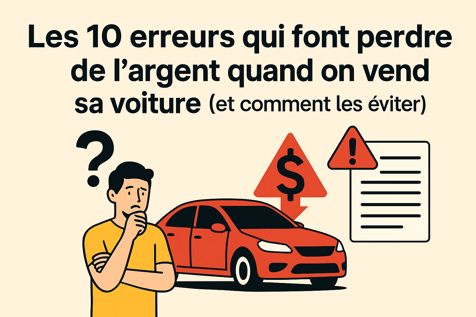 Illustration des erreurs vendre sa voiture et des pièges courants à éviter lors d’une vente automobile. carventures