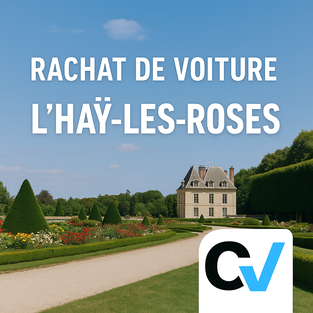 Illustration du rachat voiture L’Haÿ-les-Roses par CarVentures, avec voiture moderne et logo, symbolisant estimation et paiement immédiat.
